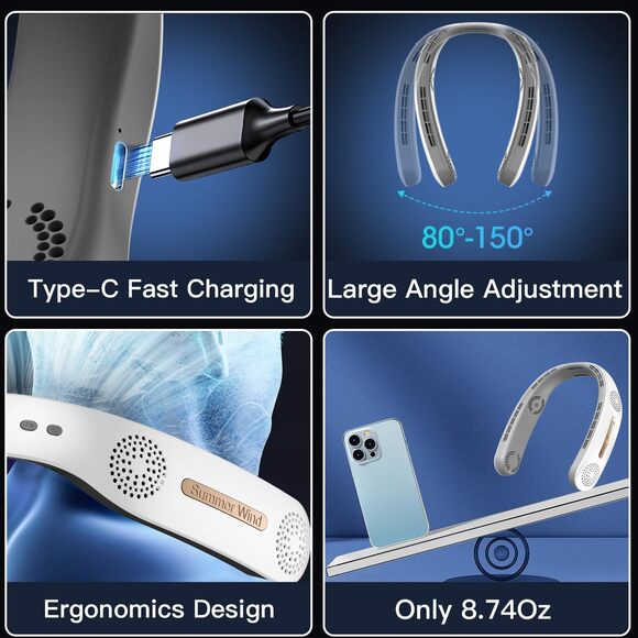 Neck Fan 4 Turbo 6000mAh Portable 360°Cooling Airflow Bladeless w/3 Speeds White - Picture 4 of 5